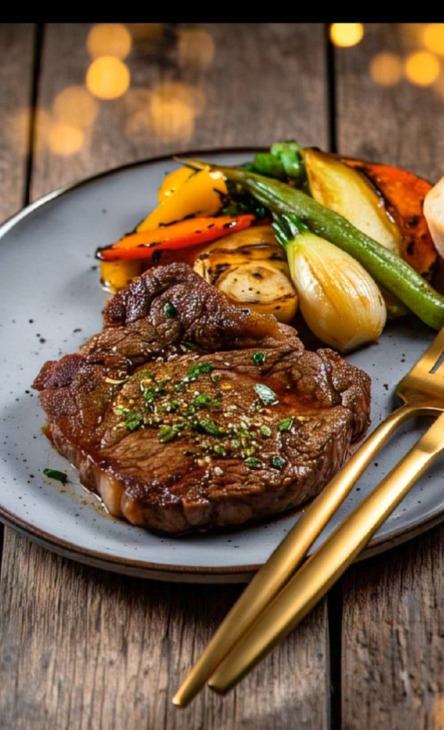 Steak grillé et légumes de saison